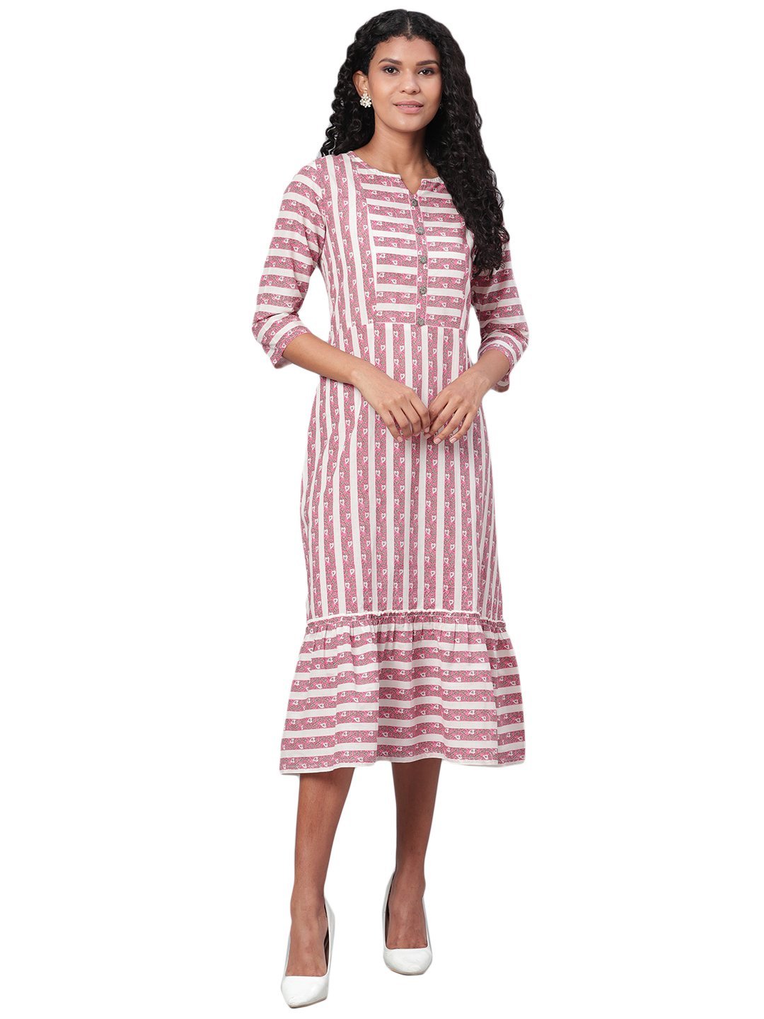 Women's Multi Printed 3/4 Sleeve Cotton Round Neck Casual Dress