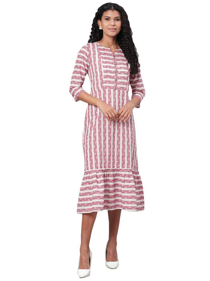 Women's Multi Printed 3/4 Sleeve Cotton Round Neck Casual Dress