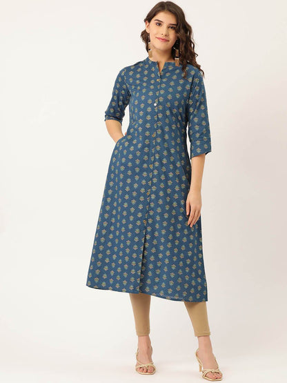 Women's Cotton Gold Printed with Gold Buttons Kurta