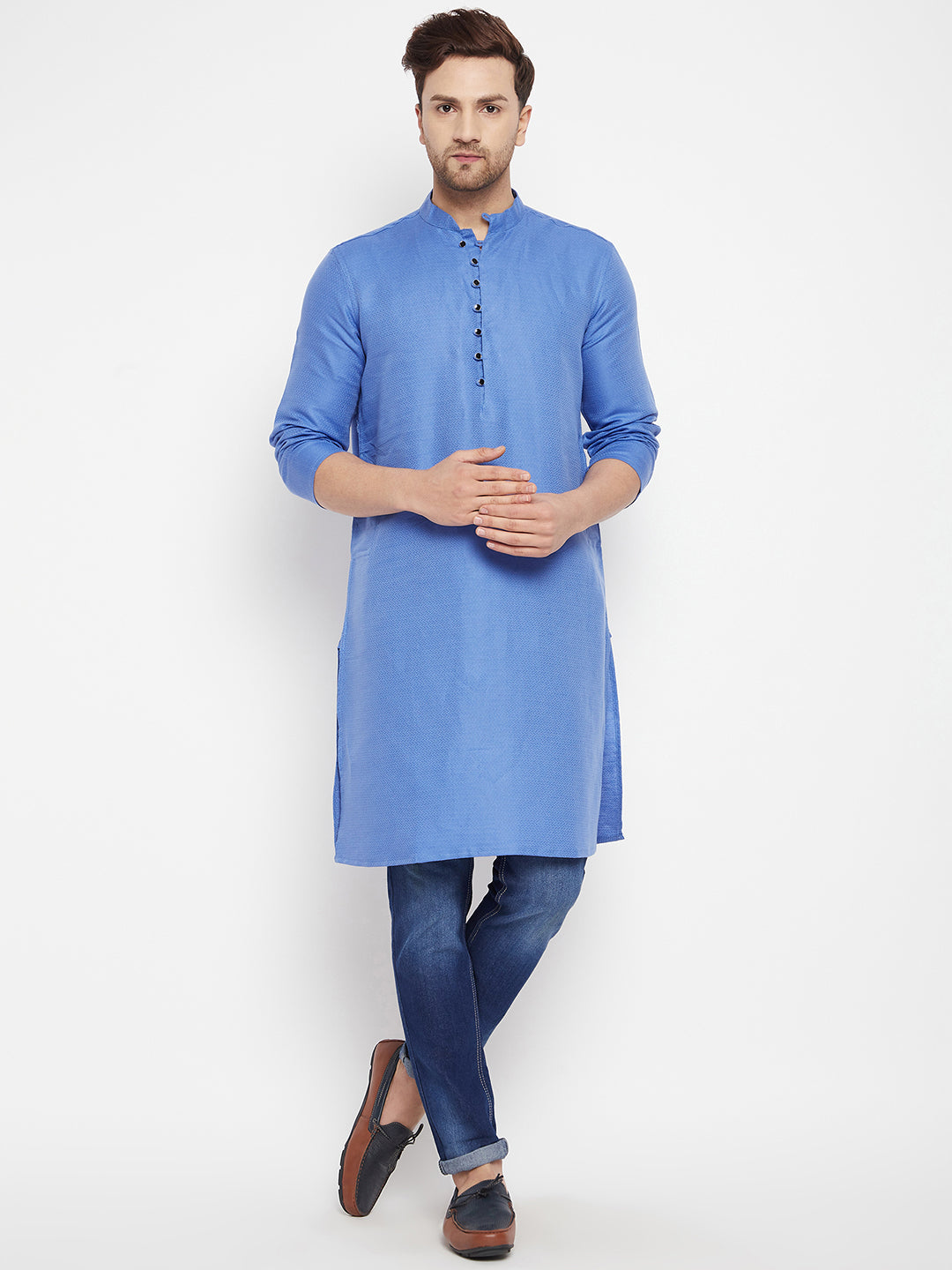 Men's Blue Color Long Kurta with Band Collar