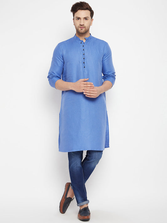 Men's Blue Color Long Kurta with Band Collar