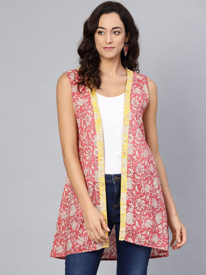 Women's Pink Cotton Printed Sleveeless V-Neck Shurg