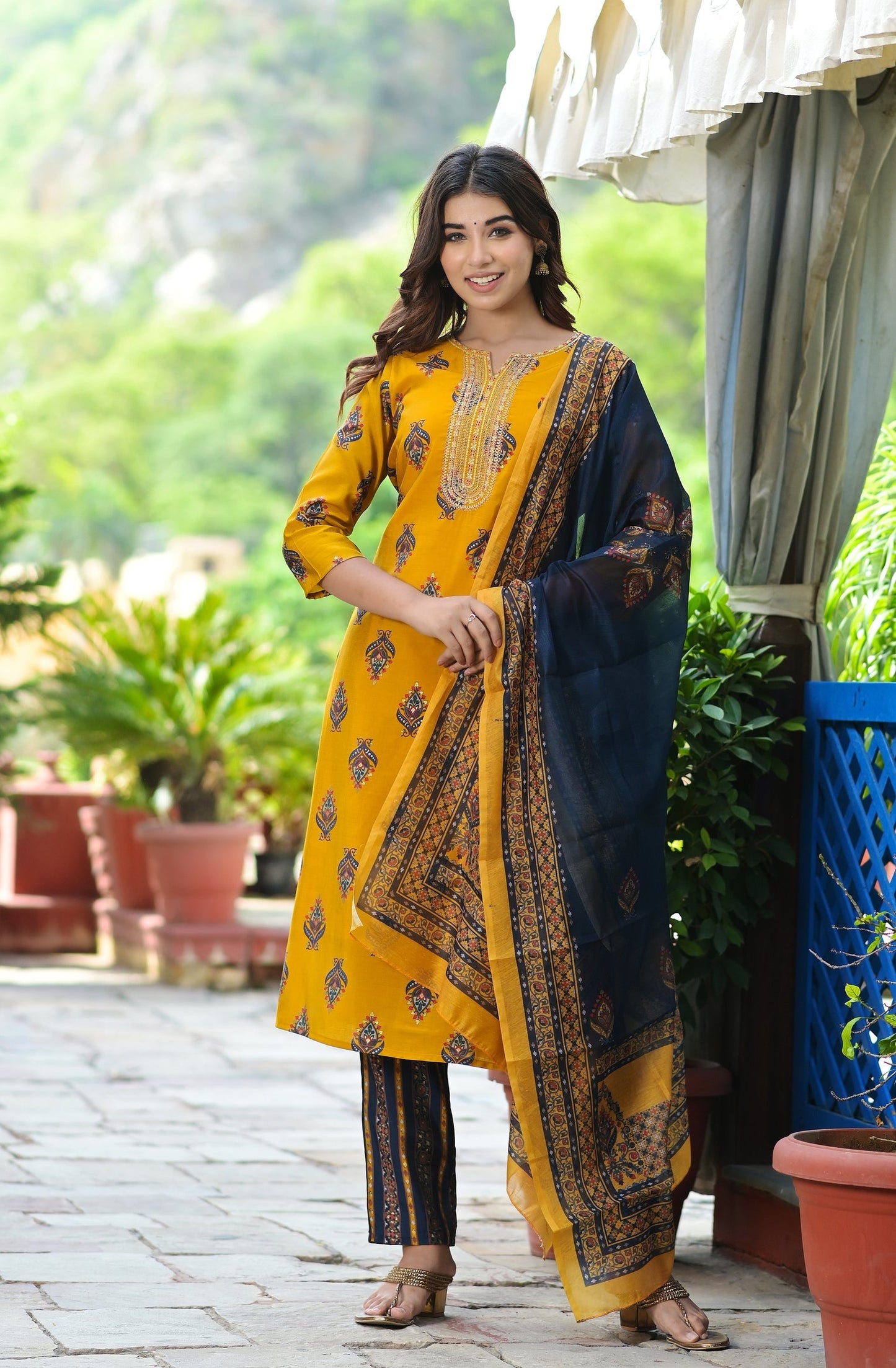 Women's Mustard Handblock Dupatta Set