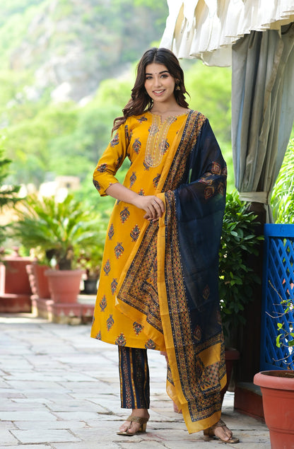 Women's Mustard Handblock Dupatta Set