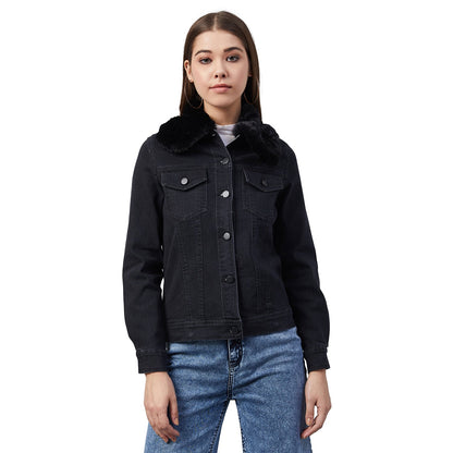 Women's Black Denim Jacket with Detachable Black Fur Collar