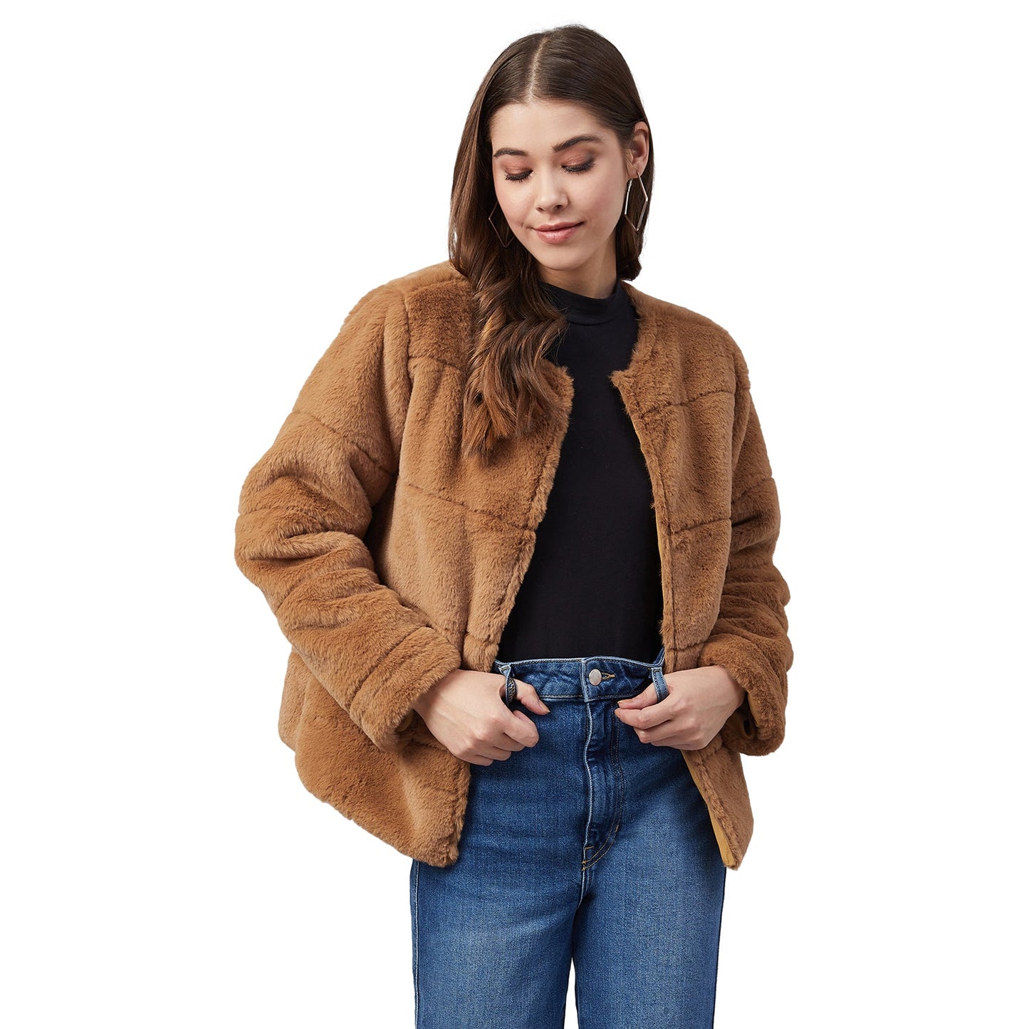 Women's Brown Faux Fur Open Jacket