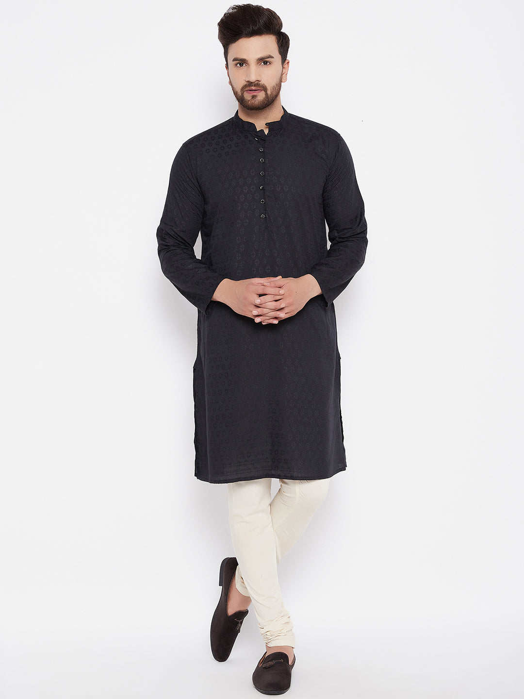 Men's Woven Design Black Straight Kurta