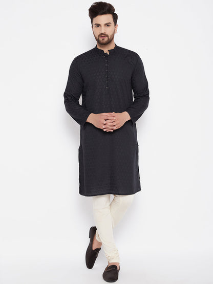Men's Woven Design Black Straight Kurta