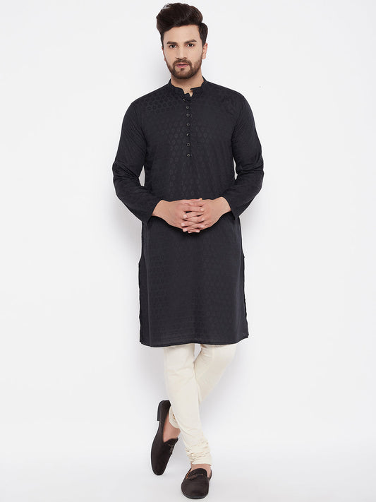 Men's Woven Design Black Straight Kurta
