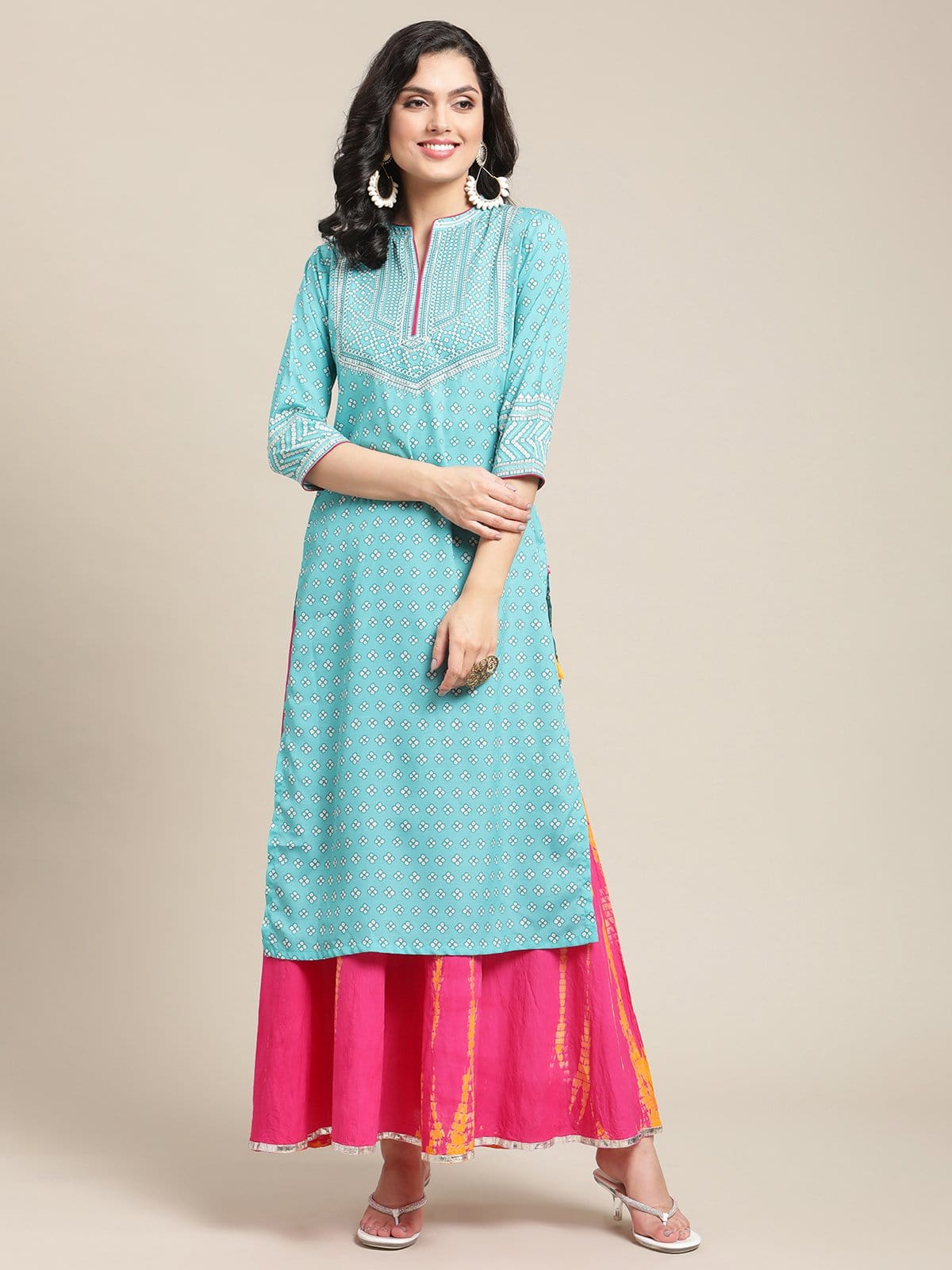 Women's Turquoise Bandhej Printed Kurta With Gota Embellished Yoke