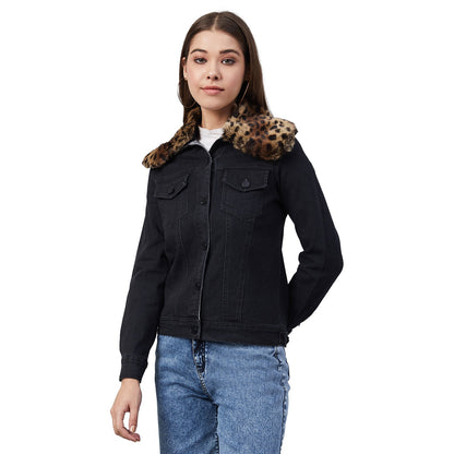 Women's Black Denim Jacket with Detachable Animal Fur Collar