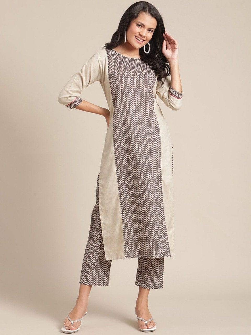 Women's KSUT Women Cream-Coloured Printed Kurta with Trousers