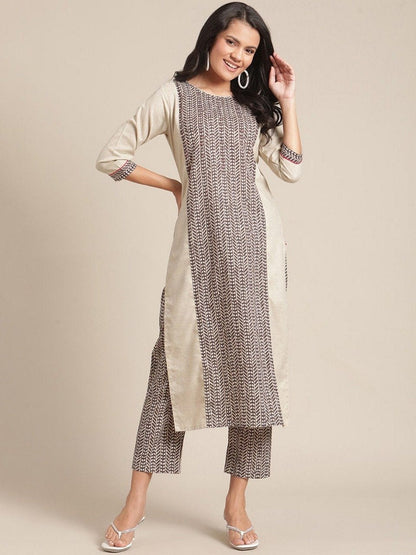 Women's KSUT Women Cream-Coloured Printed Kurta with Trousers
