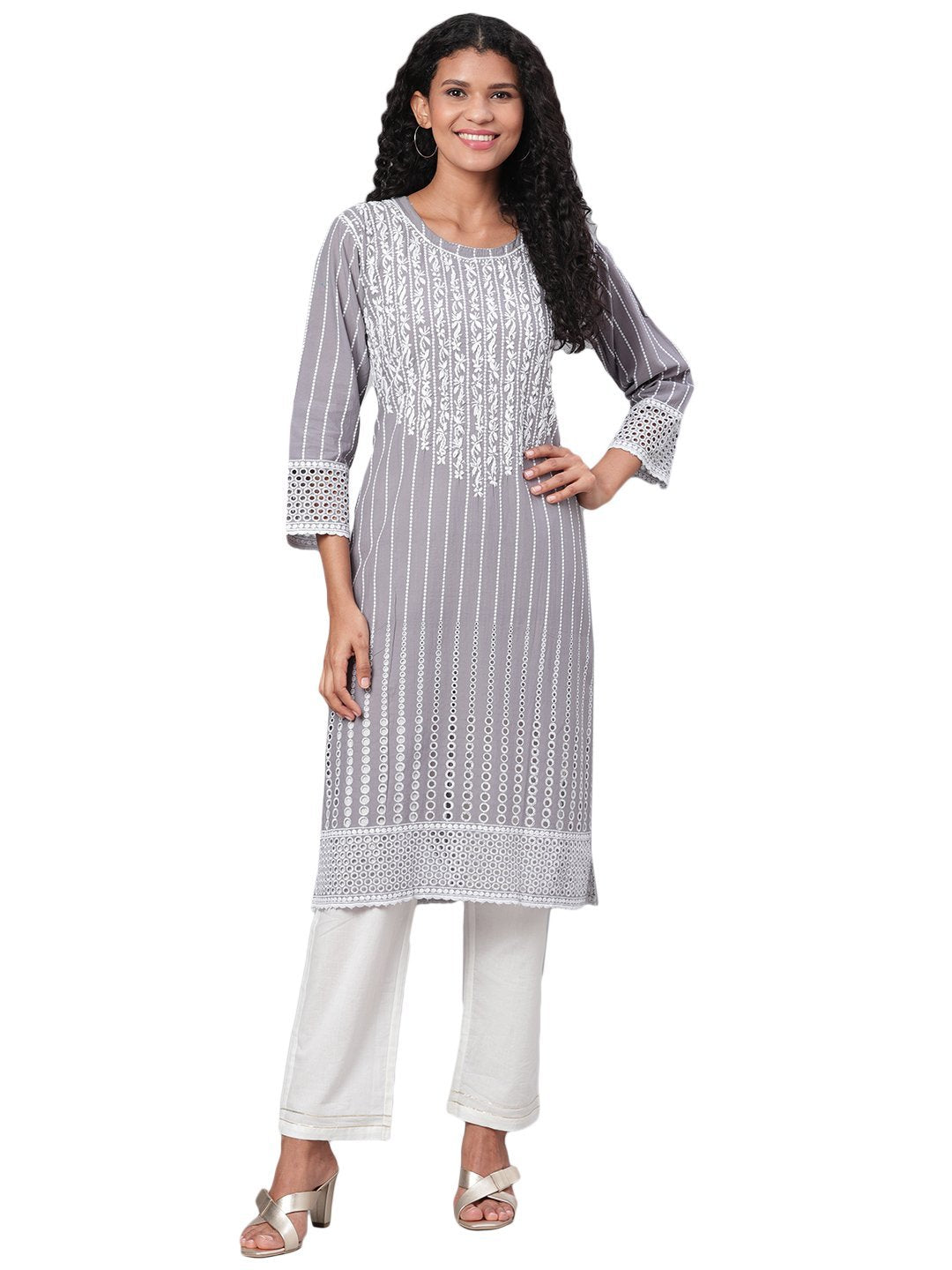 Women's Yellow Embroidrey 3/4 Sleeve Cotton Round Neck Casual Kurta Only