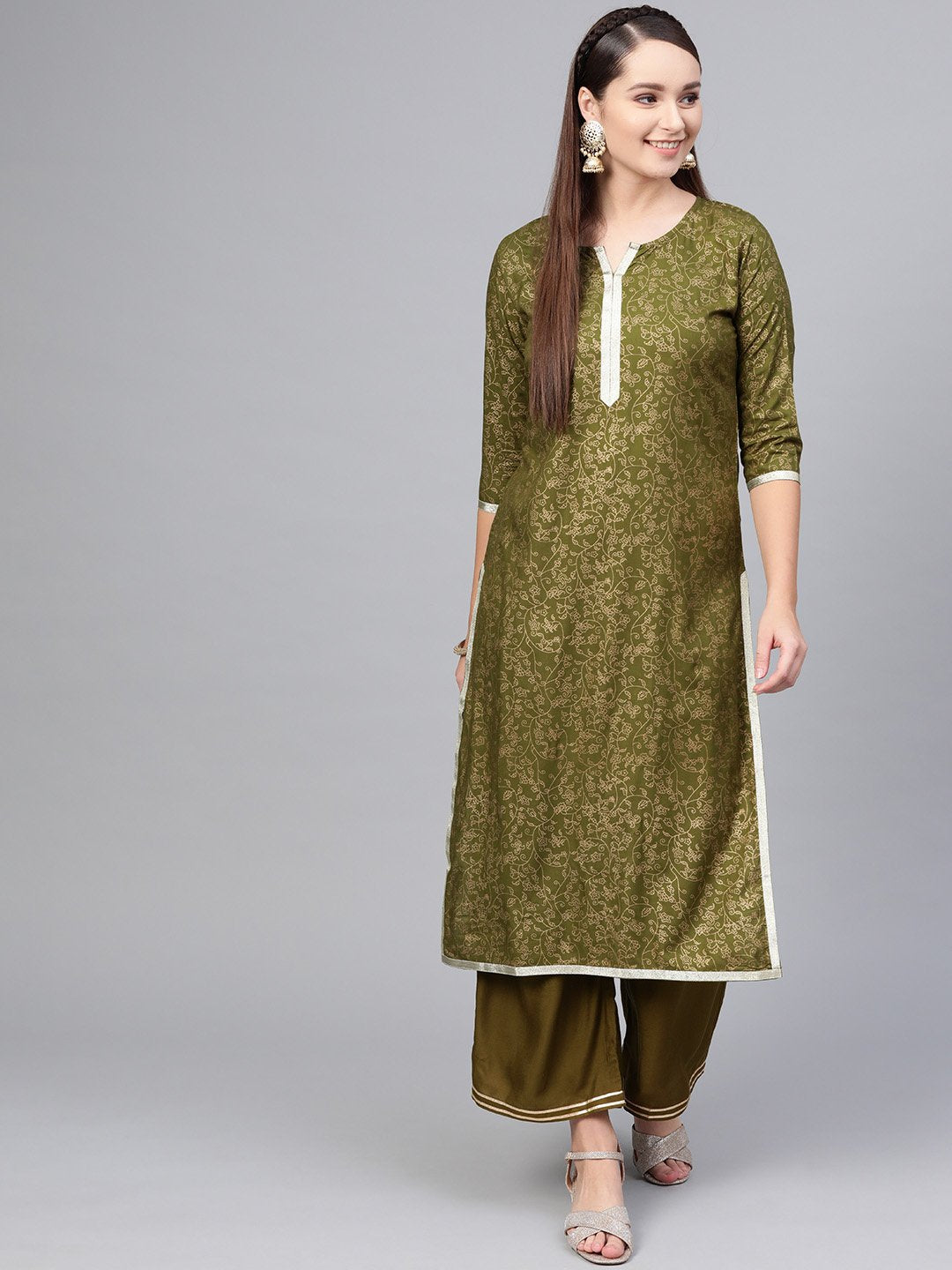 Women's Green Cotton Printed Half Sleeve Round Neck Casual Kurta Palazzo Set