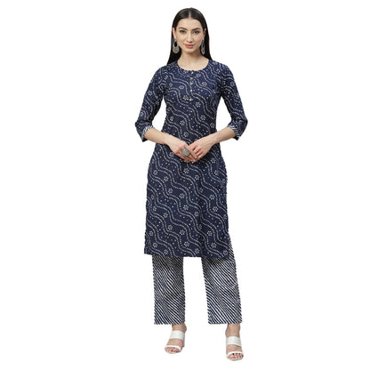 Women's Navy Blue Cotton Printed 3/4 Sleeve Round Neck Casual Kurta Palazzo Set