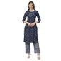 Women's Navy Blue Cotton Printed 3/4 Sleeve Round Neck Casual Kurta Palazzo Set
