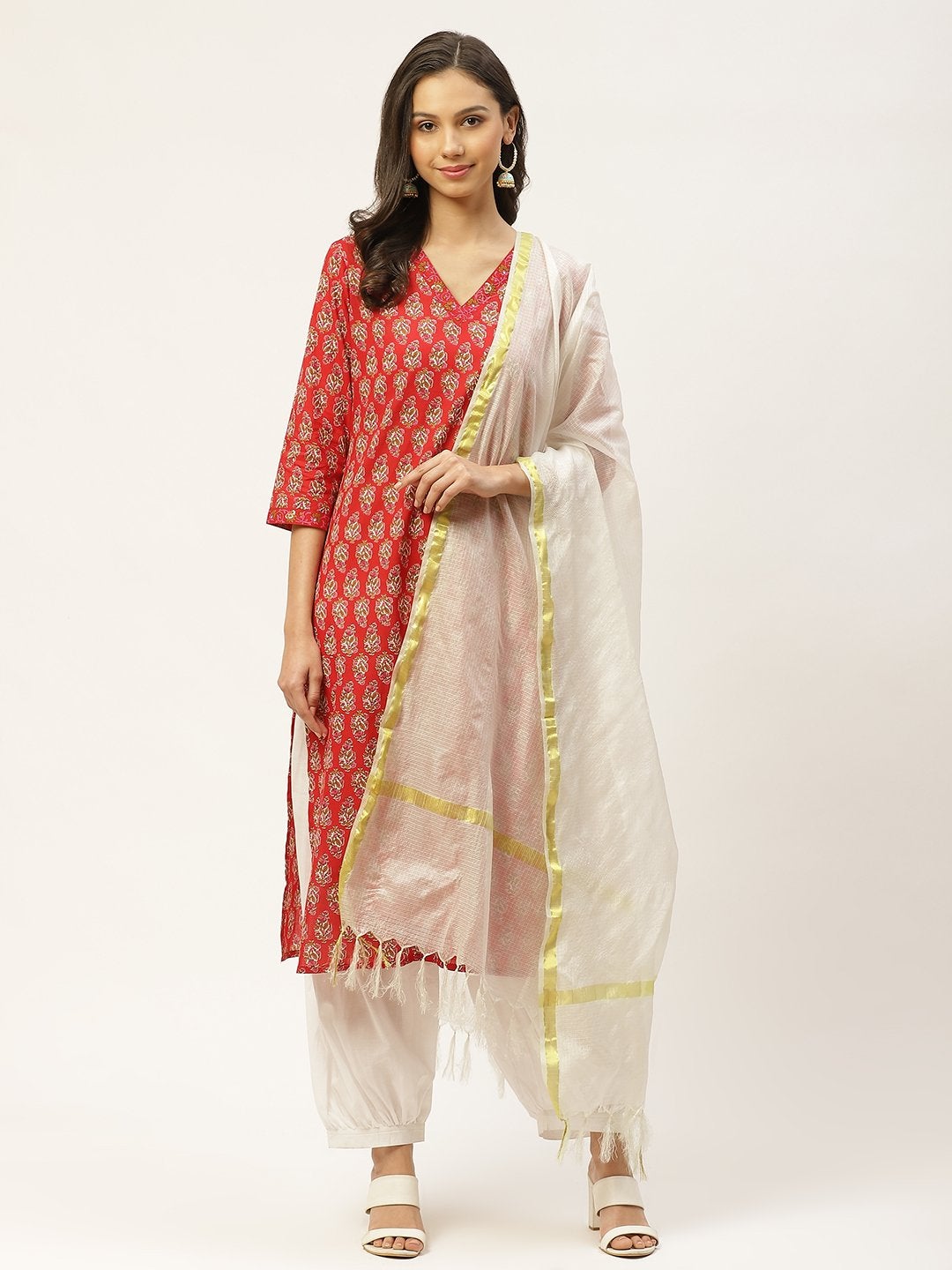 Women's Red & White Ethnic Hand Printed Cotton Kurta with Salwar & Dupatta