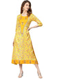Women's Yellow Printed 3/4 Sleeve Cotton Slub Round Neck Casual Dress