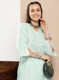 Women's Sea Green And White Striped Kurta With Lace Detailing & Off White Palazzos