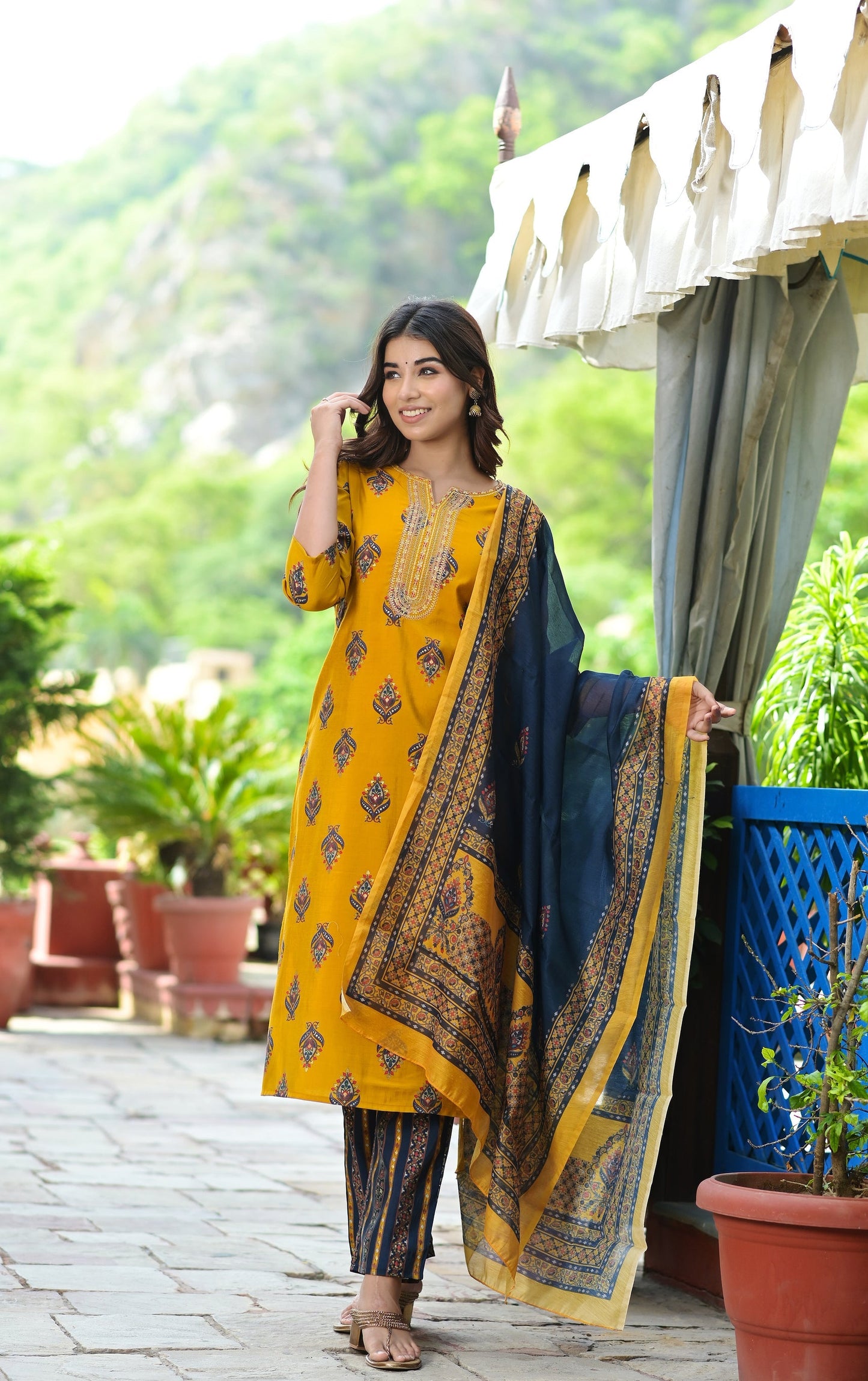 Women's Mustard Handblock Dupatta Set