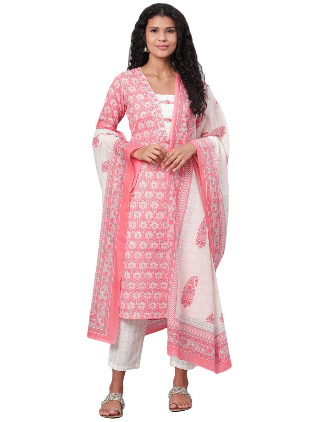 Women's Pink Printed 3/4 Sleeve Cotton Square Neck Kurta Pant & Dupatta Set