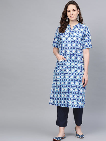 Women's Blue Cotton Solid Full Sleeve Round Neck Casual Kurta Pant Set