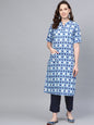 Women's Blue Cotton Solid Full Sleeve Round Neck Casual Kurta Pant Set