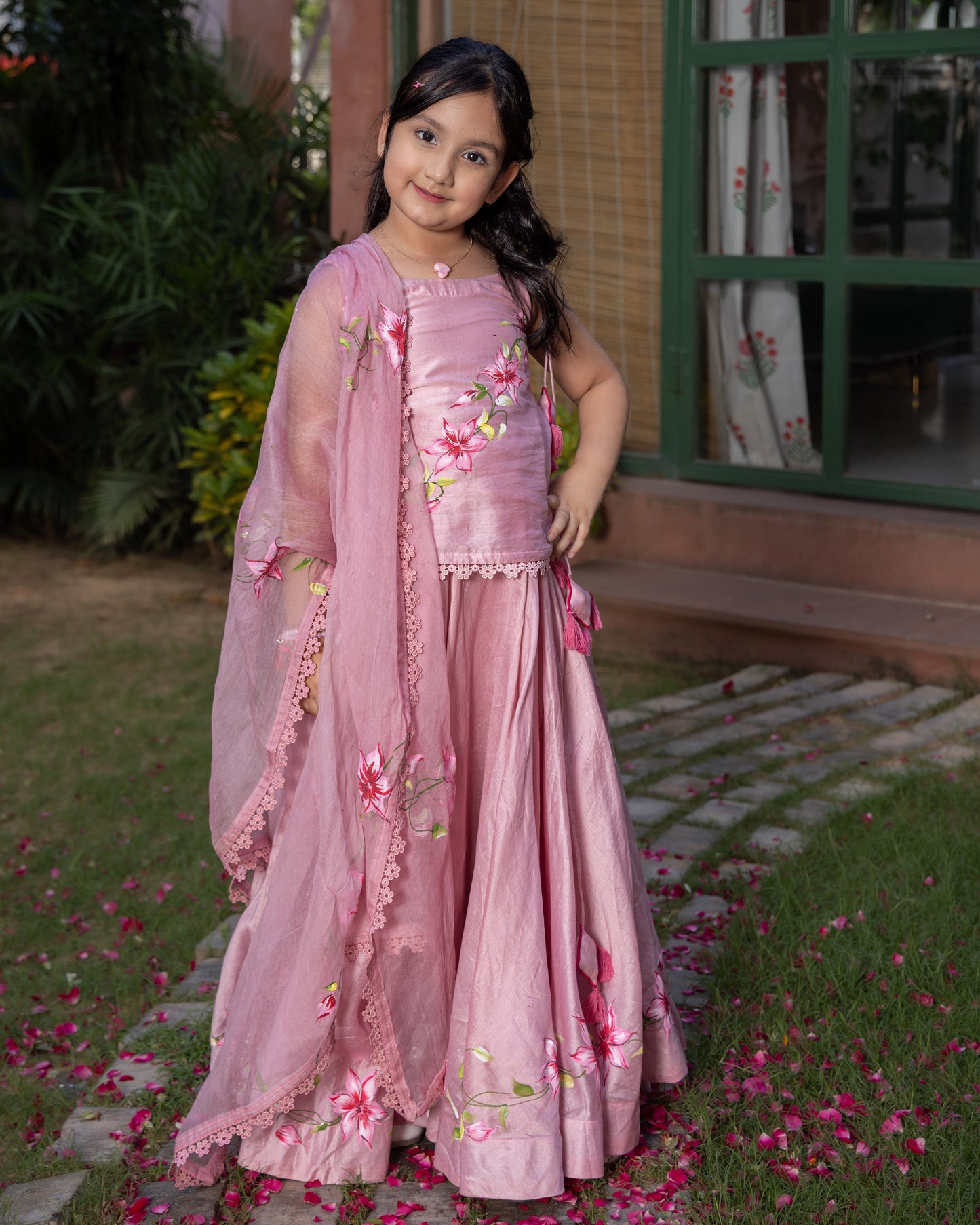 Girl's Koko Powder Pink Handpainted Chanderi Lehenga Set