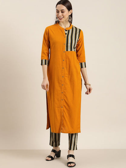 Women's KSUT Mustard And Grey Woven Stripe Kurta With Stripe Woven Trouser