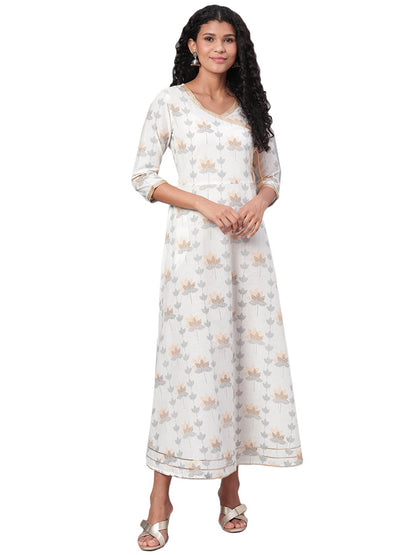 Women's Multi Printed 3/4 Sleeve Cotton V Neck Dress