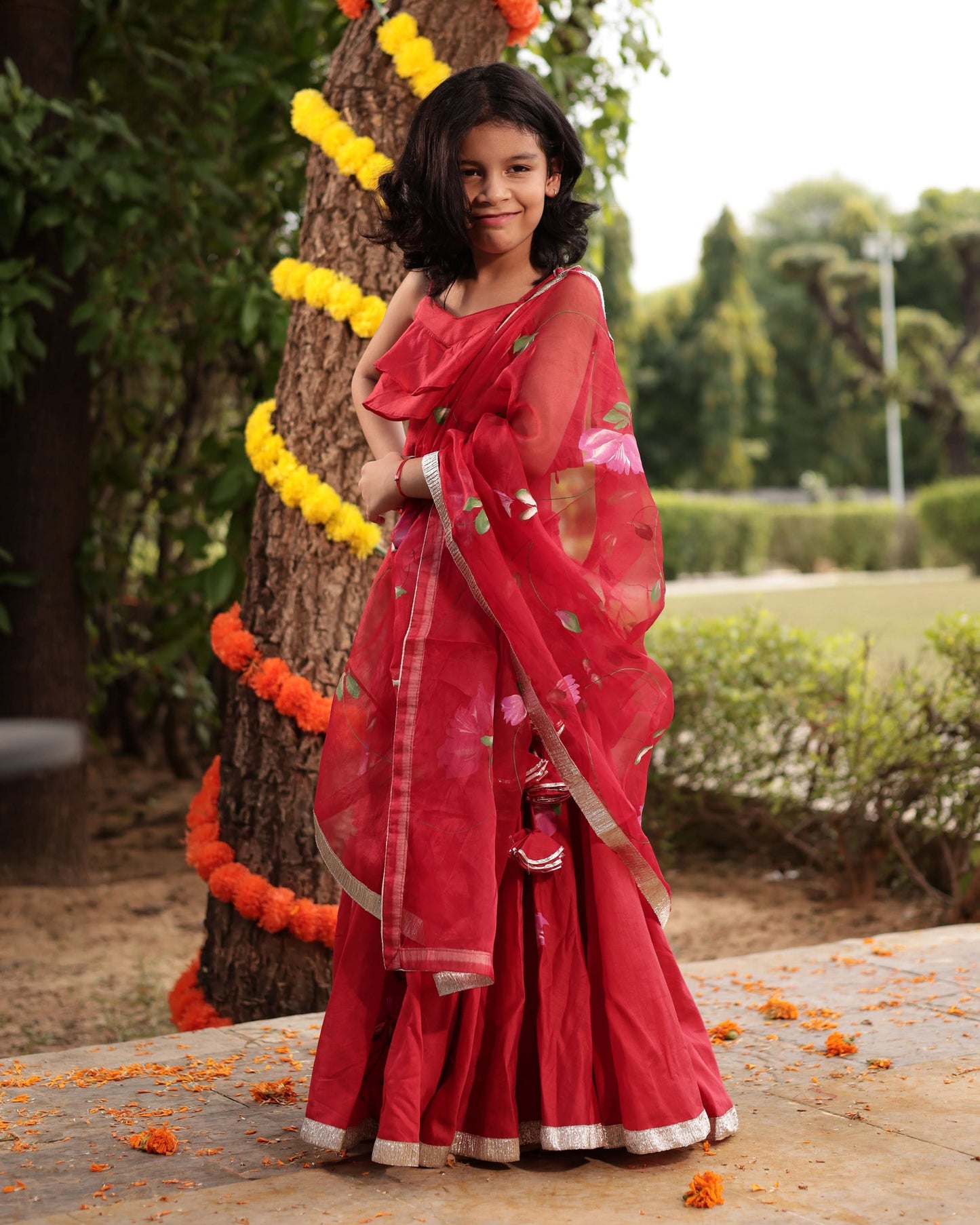 Girl's Tinsel Red Handpainted Chanderi Lehenga Set
