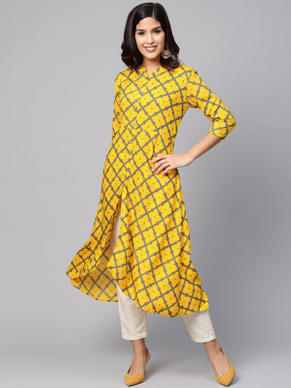 Women's Yellow Cotton Printed 3/4 Sleeve Coller Neck Dress