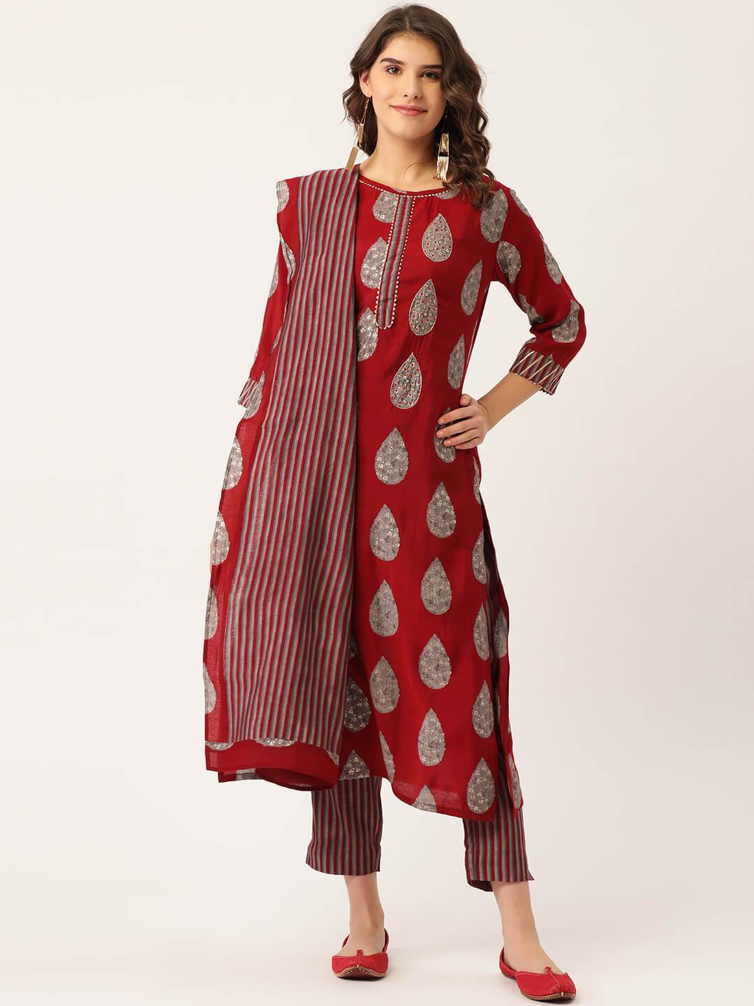 Women's Rayon Printed Suit Set with Adda Work & Dupatta