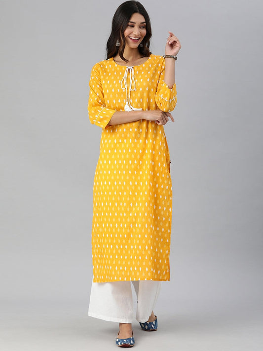 Women's KSUT Mustard And White Ikkat Printed Straight Kurta With Dori And Tassel Detailing On Neckline