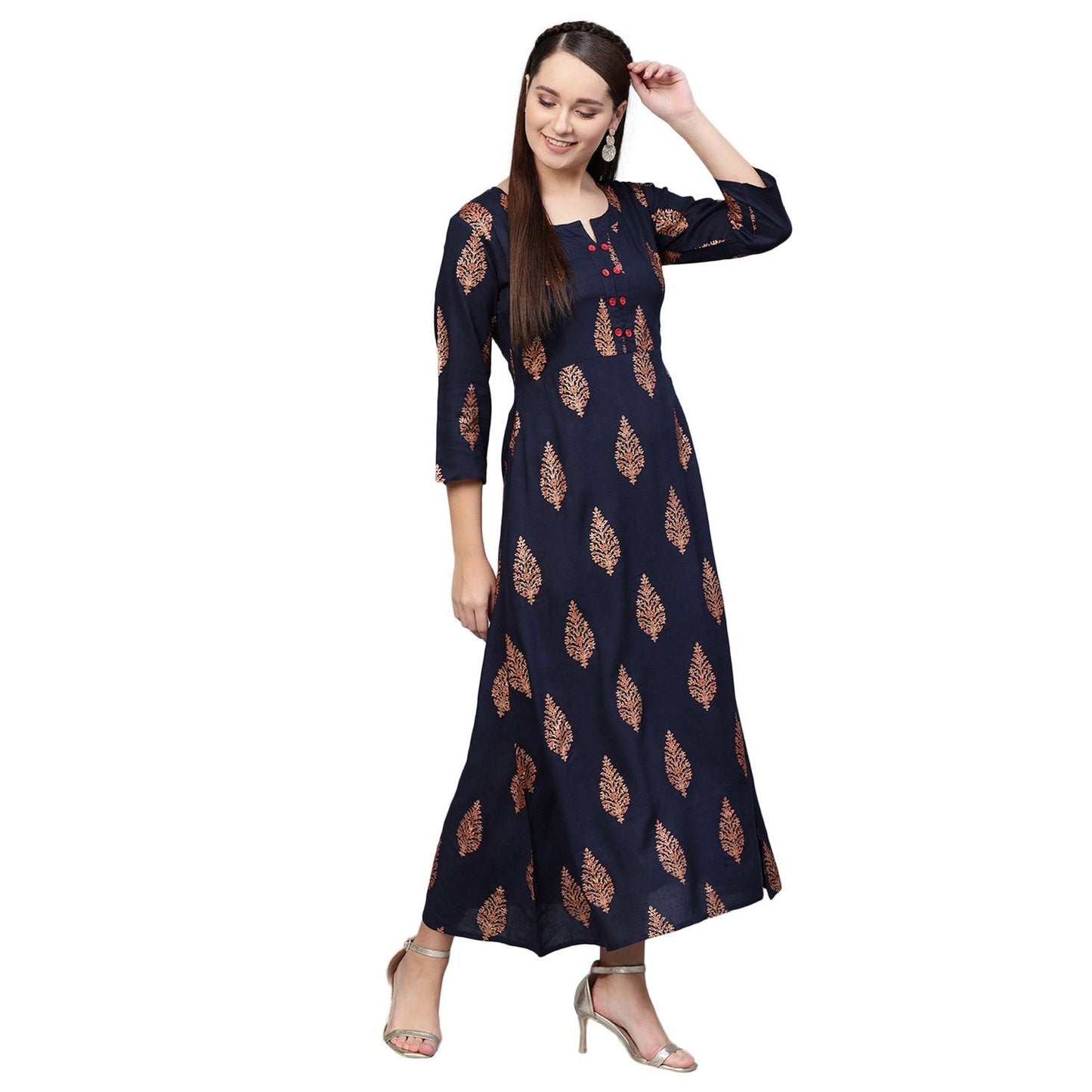 Women Navy Blue Cotton Printed Dress by Myshka (