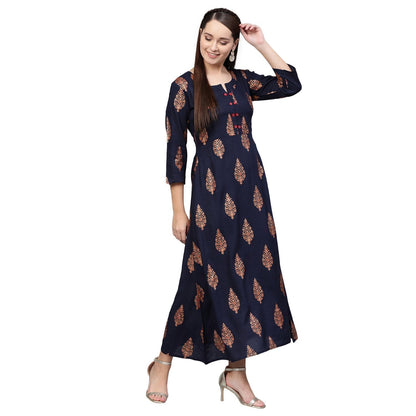 Women Navy Blue Cotton Printed Dress by Myshka (
