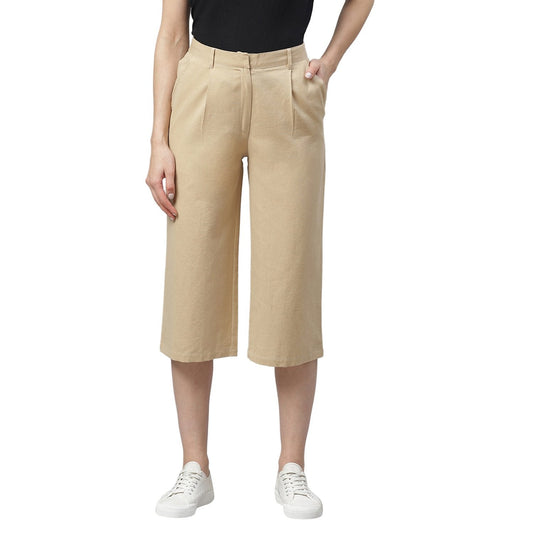 Women's Off White Cotton Solid Casual Trouser