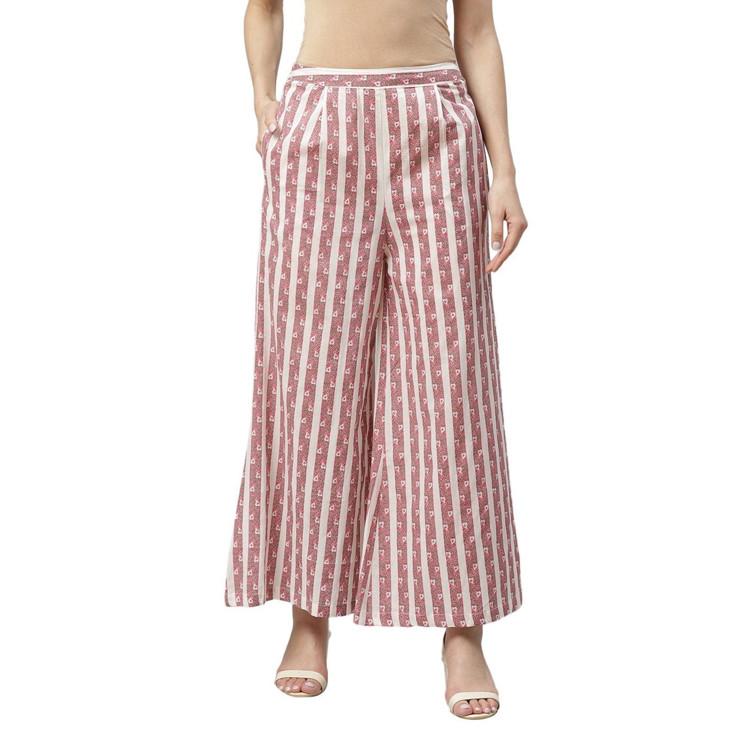 Women Pink Cotton Striped Trouser by Myshka (