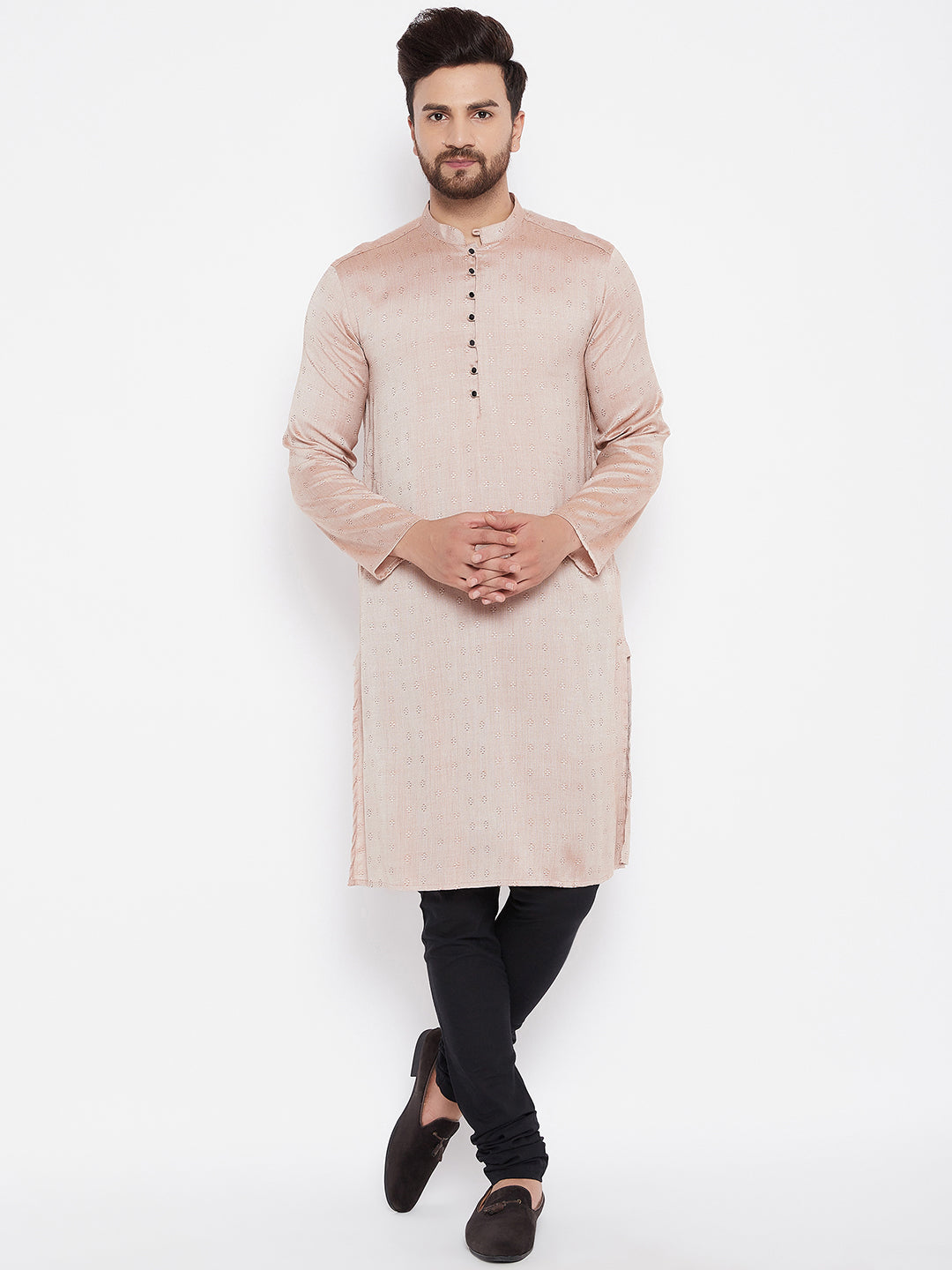 Men's Woven Design Off Beige Straight Kurta