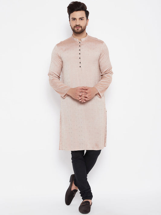 Men's Woven Design Off Beige Straight Kurta