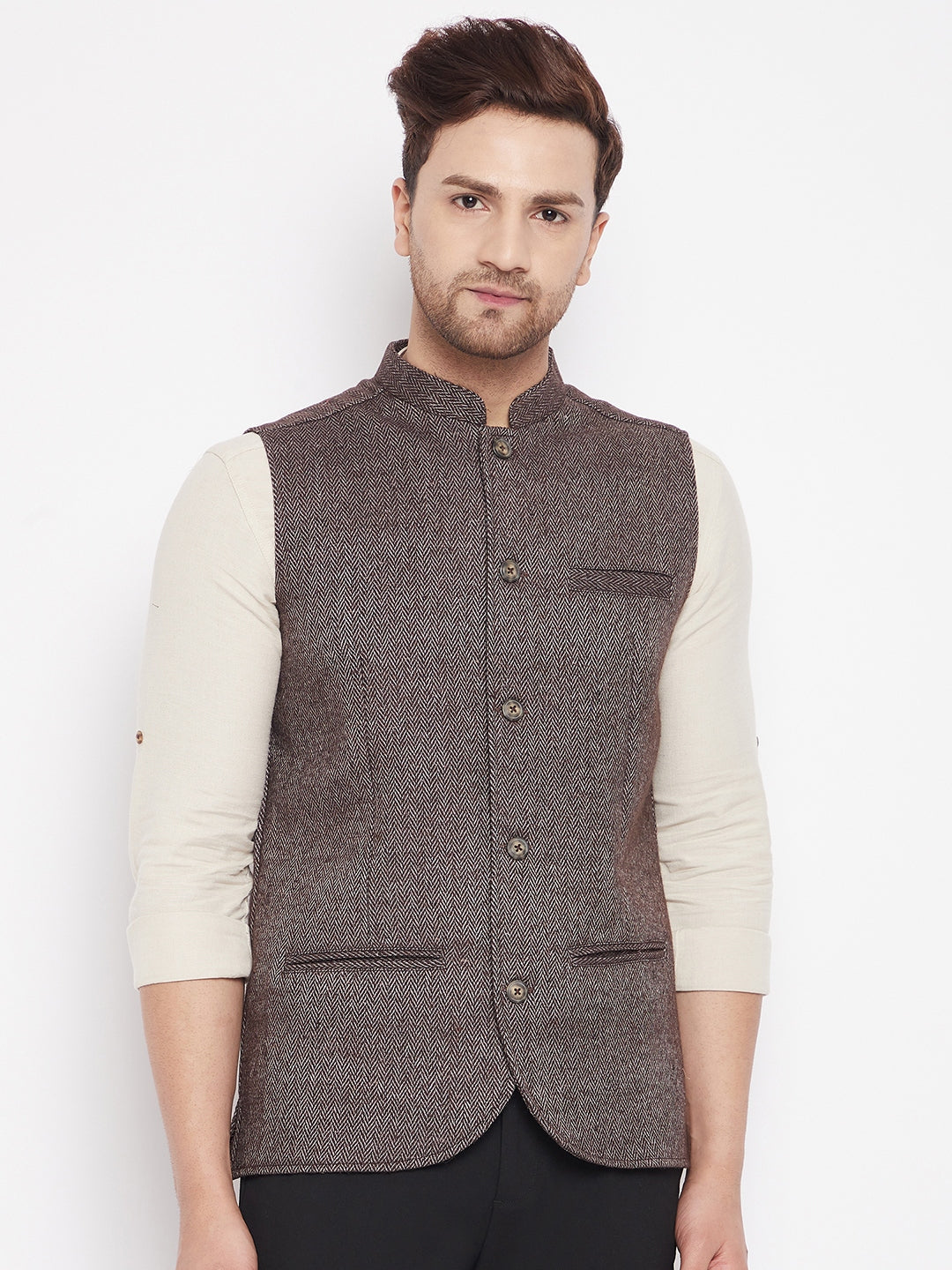 Men's Brown Color Woven Nehru Jacket