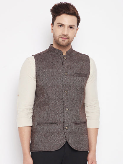 Men's Brown Color Woven Nehru Jacket