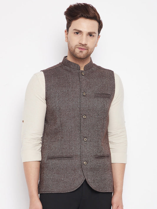 Men's Brown Color Woven Nehru Jacket