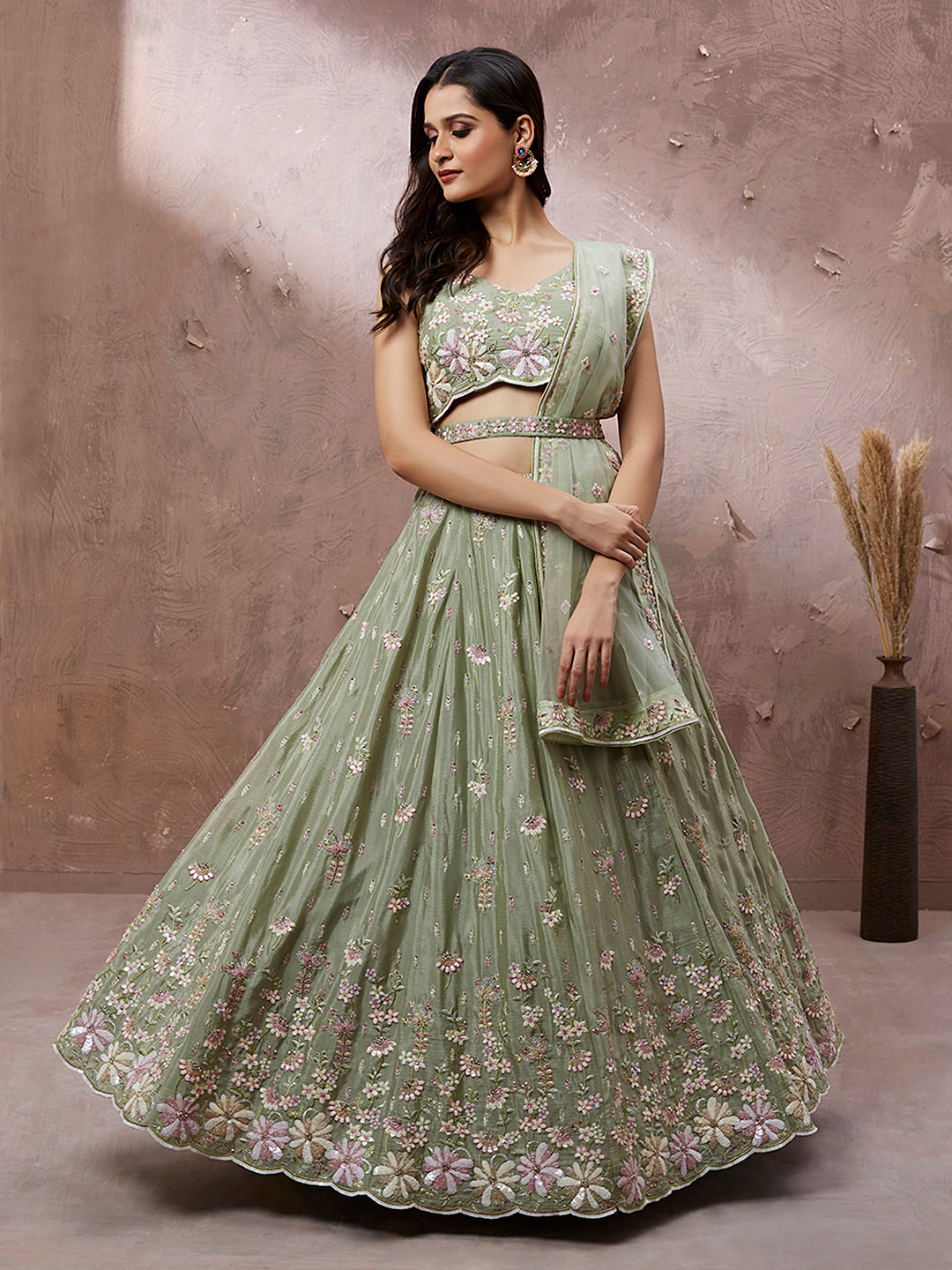 Women's Lime Green Georgette Sequins With Heavy Zarkan Embroidery Ready To Wear  Lehenga Choli & Dupatta