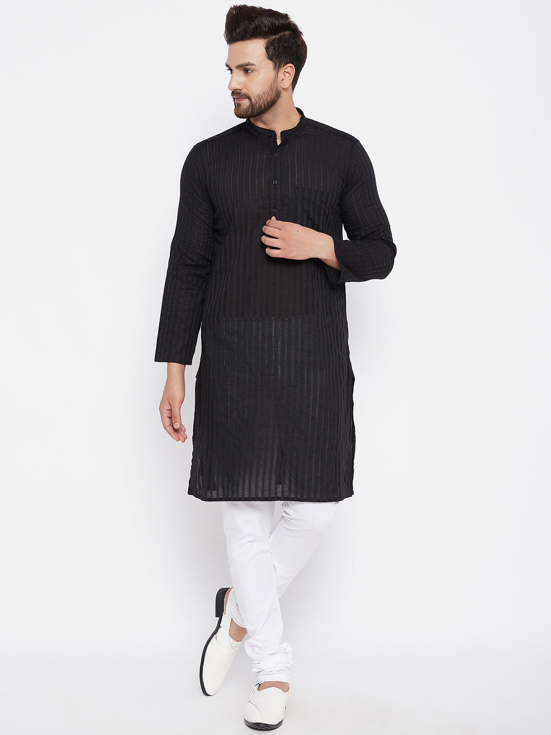 Men's Cotton Striped Black Kurta