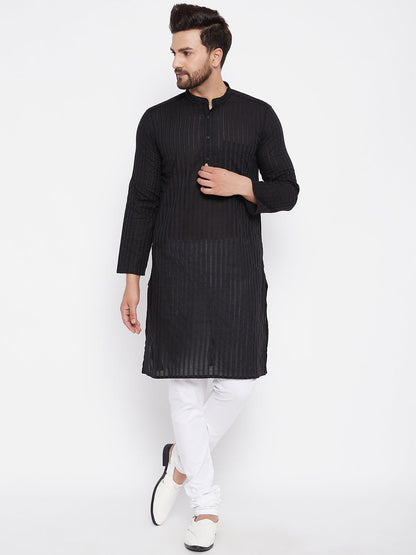 Men's Cotton Striped Black Kurta