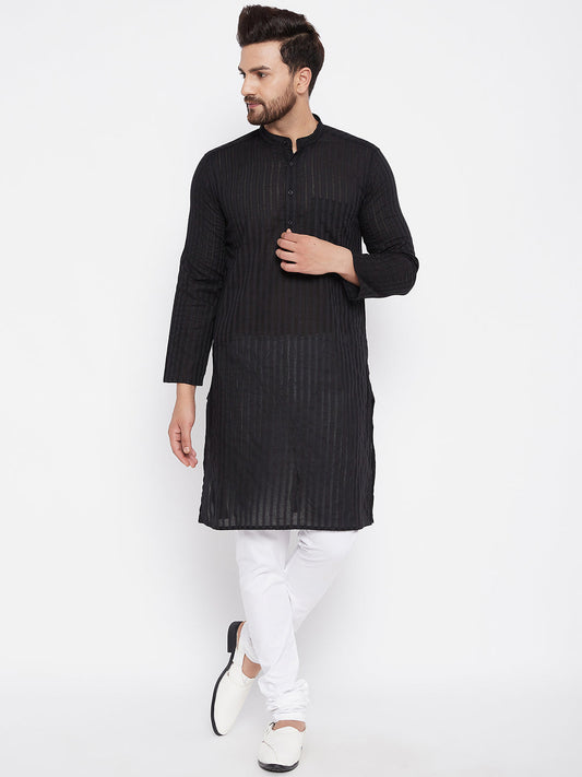 Men's Cotton Striped Black Kurta