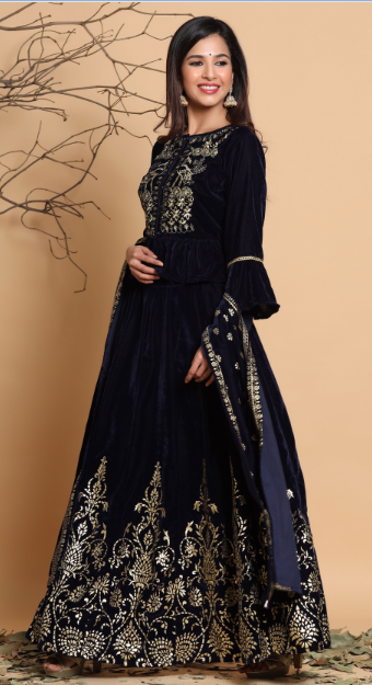Women Navy blue Velvet Lehenga Choli Dupatta Set by Juniper