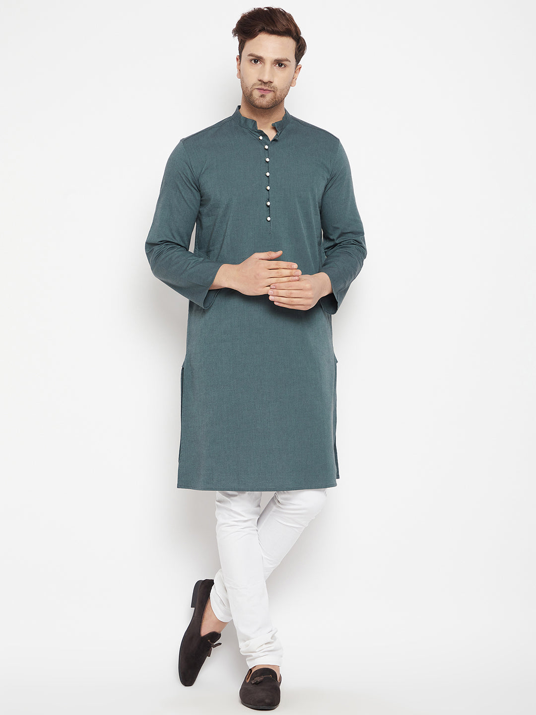Men's Green Color Long Kurta with Band Collar